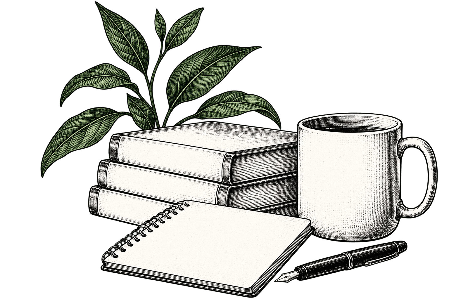 An illustrated desk with field guides, a notebook, a plant, and coffee